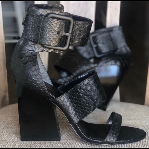 Sigerson Morrison Matte Snake Black Heeled Sandals - Picture 3 of 6